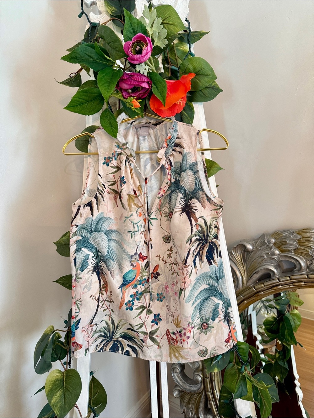 H&M Tropical Palm Print Camisole - Cream with Teal & Coral Accents